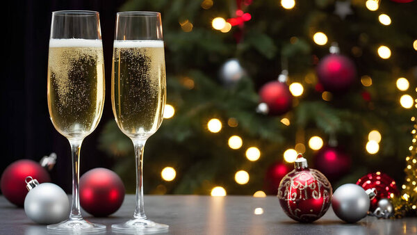 Бокалы для шампанского с рождественскими украшениями, рождественский фон, мерцающие шары и огни. Рождественский праздник. С Новым годом.