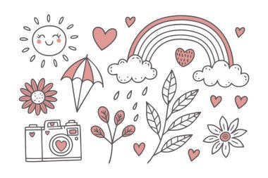 Fun & Cute Doodle Vector Set, Hand-Drawn Love, Nature, Fireworks & Weather Elements, Clouds & Creative Design clipart