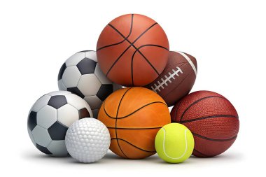 Görsel olarak çarpıcı bir spor topu çeşidi bir araya toplanmış ve çeşitli spor ekipmanları sergilenmektedir. Bu resimde bir basketbol, futbol topu, futbol, tenis topu ve bir golf topu yer almaktadır. Bu stüdyo fotoğrafı, temiz bir çekime karşı.