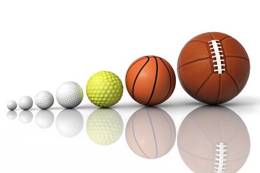 Çarpıcı bir stüdyo çekimi, el değmemiş beyaz yansıtıcı bir yüzeye karşı titizlikle yerleştirilmiş çeşitli spor topları koleksiyonunu gösteriyor. Resimde bir golf topu, tenis topu, futbol ve basketbol yer alıyor.