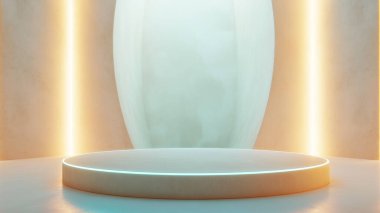 Ürün sunumlarınızı bu çarpıcı 3 boyutlu podyumla yükseltin. Bu asgari ve modern tasarım, büyüleyici bir görüntü oluşturan neon ışıklı aksanlı bir sahneye sahiptir. Ürün sergileri, sergiler ve reklamlar için ideal.