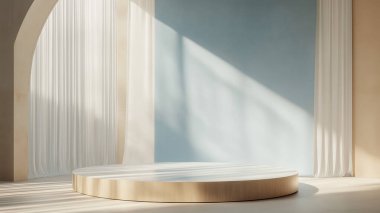 Minimalist bir iç tasarım zarif bir ahşap sahneye sahiptir, ürün sunumu veya güzellik ve kozmetik ürünler için mükemmeldir. Mavi ve bej renkli yumuşak pastel perdeler sahnenin çerçevesi, zarif güneş ışığıyla yıkanmış güzel bir ışık yaratıyor.