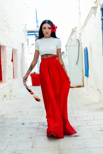 Aventura Grega Uma Mulher Morena Elegante Vestido Vermelho Está Moda — Fotografia de Stock