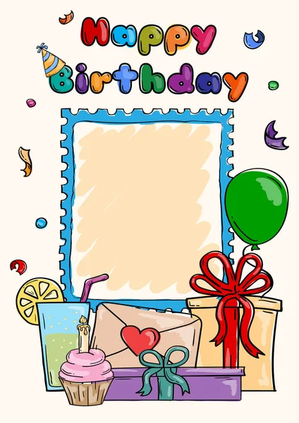 Bright Vector Hand Drawn Happy Birthday Card Photo Text — Stock Vector