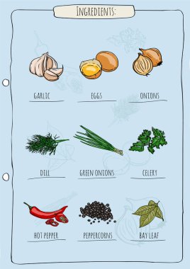 Bir tarif için malzeme ve baharatların vektör resmi, yemek kitabı için sayfa