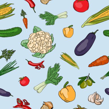 Renkli sebzelerin, yemeğin ve yemek malzemelerinin resmedildiği kusursuz desen.