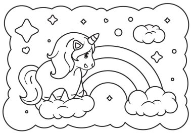 Çocuklar için boyama kitabı, bulutların üzerinde gökkuşağı arkaplanlı sevimli kawaii tek boynuzlu atı..