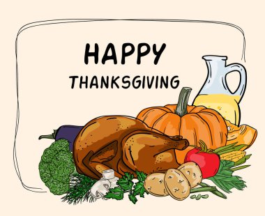 Bright vector Thanksgiving card with turkey and vegetables clipart