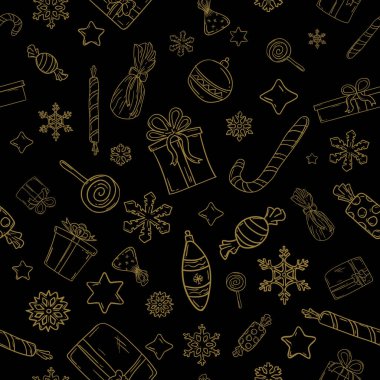 Noel ambalaj kağıdı şablonu siyah arka plan ve altın Noel elementleri