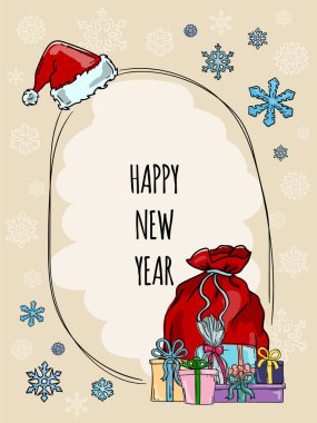 Parlak yeni yıl ve Noel kartı Noel Baba 'nın çantası ve hediyeleriyle.