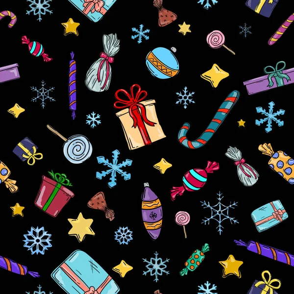 Siyah arkaplan ve renkli Noel elementlerine sahip ambalaj kağıtları için Noel deseni