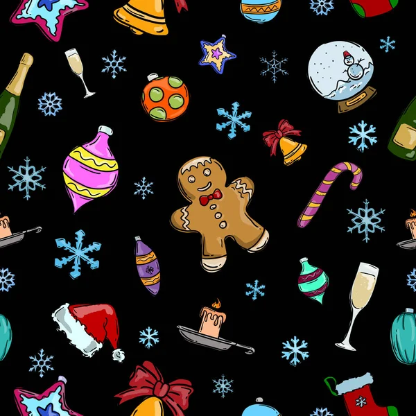 Siyah arkaplan ve renkli Noel elementlerine sahip ambalaj kağıtları için Noel deseni