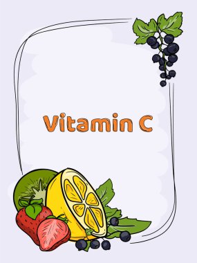 Parlak vektör, el çizimi illüstrasyon, C vitamini içeren meyveli çerçeve
