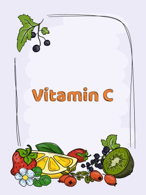Parlak vektör, el çizimi illüstrasyon, C vitamini içeren meyveli çerçeve