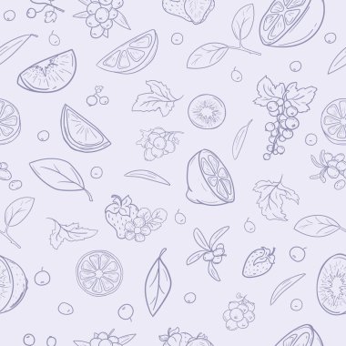 Açık arkaplanda C vitamini içeren meyveli hediye kağıdı için kusursuz vektör deseni.