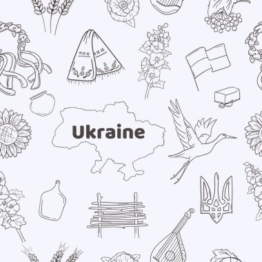 Işık arka planında Ukrayna 'nın elementleri ve sembolleri olan kusursuz vektör deseni. Vektör illüstrasyonu