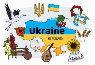 Parlak vektör karikatür çizimi Ukrayna semboller ve elementlerle. Vektör illüstrasyonu