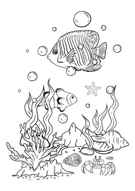  Su altı dünyasının, içinde güzel balıklar, deniz kabukları ve deniz yosunları olan boyama kitabının vektör çizimi. Vektör illüstrasyonu