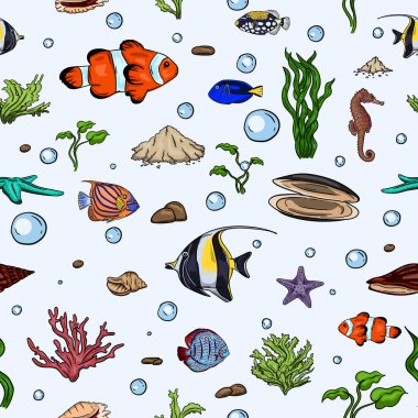 Su altı dünyası, deniz yaşamı, balık ve deniz kabukları olan hediye kağıtları için kusursuz vektör deseni. Vektör illüstrasyonu