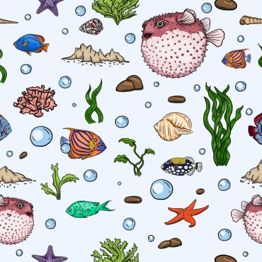Su altı dünyası, deniz yaşamı, balık ve deniz kabukları olan hediye kağıtları için kusursuz vektör deseni. Vektör illüstrasyonu