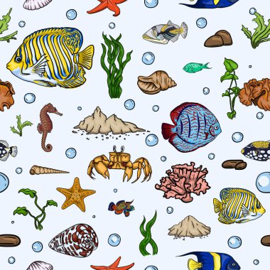 Su altı dünyası, deniz yaşamı, balık ve deniz kabukları olan hediye kağıtları için kusursuz vektör deseni. Vektör illüstrasyonu