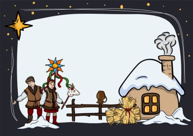 Parlak vektör çizimi. Ulusal gelenek ve unsurlarla dolu Ukrayna Noel kartı şablonu. Güç noktası için arka plan. Vektör illüstrasyonu