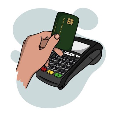 Terminal, akıllı telefon, mobil uygulamalar ve banka kartlarını kullanarak elektronik ödemelerin vektör çizimi. Vektör illüstrasyonu