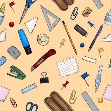 Kırtasiye malzemesi, kalem, ataç, alet bıçağıyla hediye kağıdı için kusursuz vektör deseni. Vektör illüstrasyonu