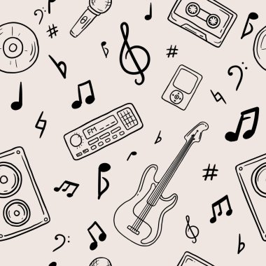 Seamless vector pattern for gift paper with musical instruments, gadgets and sheet music, in doodle style, hand drawn. Vector illustration
