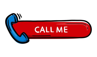 Tasarım için parlak kırmızı oval etiket düğmesi telefon simgesi ve mesaj ile çizilmiş Doodle Hand beni ara. Vektör illüstrasyonu