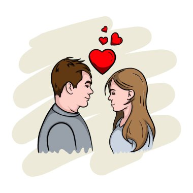 Kalplere aşık bir erkek ve bir kız öpüşmeyi bekliyorlar. Vektör illüstrasyonu