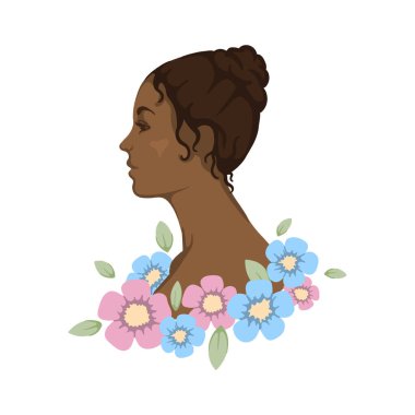 Koyu tenli, çiçekli bir kızın profili. Vektör illüstrasyonu