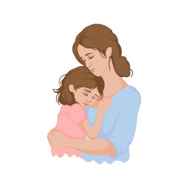 Çocuklu genç bir kadının vektör çizimi. Kızı annesine sarılıyor. Uluslararası Kadınlar Günü kartpostalı. Vektör illüstrasyonu