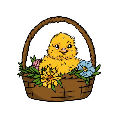 Paskalya sepetinde çiçekli şirin tavuk. Paskalya kartı. Renkli tatil illüstrasyonu. Vektör illüstrasyonu