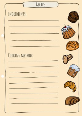 Pasta tarifi sayfa şablonu. Tarif için yeri olan yemek kitabı. Çörekler, kekler ve turtaların vektör çizimi. Vektör illüstrasyonu