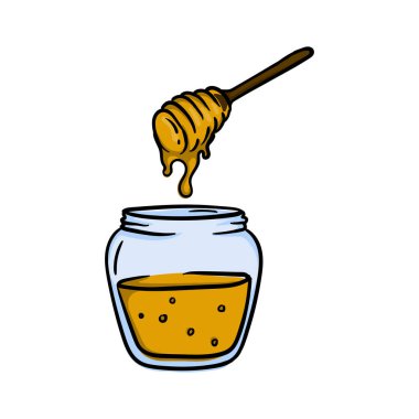 Bir kavanoz bal. Beyaz arkaplanda izole edilmiş parlak vektör el çizimi. Vektör illüstrasyonu