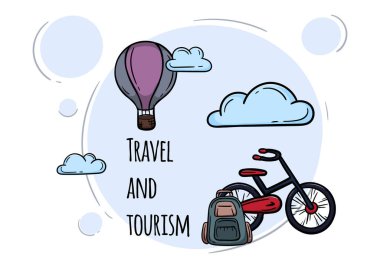 Seyahat ve turizm. Balon, bisiklet ve sırt çantalı parlak vektör çizimi. Vektör illüstrasyonu