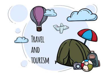 Seyahat ve turizm. Sıcak hava balonu, çadır ve sırt çantalı parlak vektör çizimi. Vektör illüstrasyonu