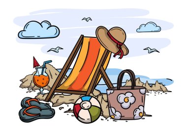 Yaz tatili ve turizm konsepti. Deniz, sahil, sandalye ve şapkalı parlak vektör çizimi. Vektör illüstrasyonu