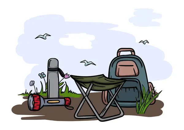 Yürüyüş ve kamp. Tatlı bir sandalye, sırt çantası ve termosuyla düzenlenebilir bir turist manzarası çizimi. Vektör illüstrasyonu