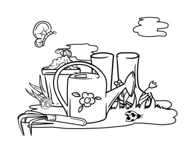 Bahçe aletleriyle boyama kitabı, sulama kutusu, saksı, lastik botlar ve bahar doğası. Siyah beyaz görüntü. Vektör illüstrasyonu