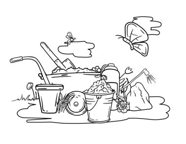 Bahçe aletleri, el arabası, kürek, saksı ve bahar doğası olan çocuklar için boyama kitabı. Siyah ve beyaz vektör görüntüsü. Vektör illüstrasyonu