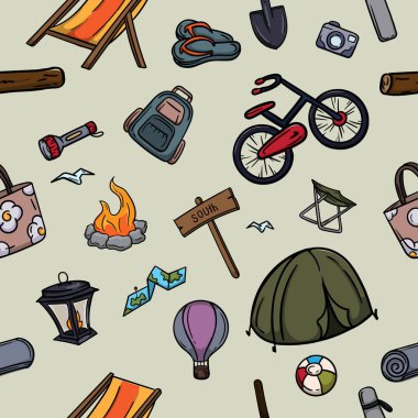 Yürüyüş ve kamp malzemeleriyle kusursuz renk kalıbı. Hediye kağıdı, arkaplan ve afiş için parlak renk çizimi. Vektör illüstrasyonu