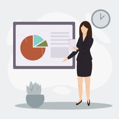 Genç bir iş kadını iş, finans ve gelir hakkında rapor verecek. İş konseptinin düz temsili. Vektör illüstrasyonu