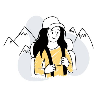 Sırt çantalı bir kız dağlarda yürüyüşe çıkar. El çizimi tarzında yaz için düzenlenebilir vektör, karalama. Vektör illüstrasyonu