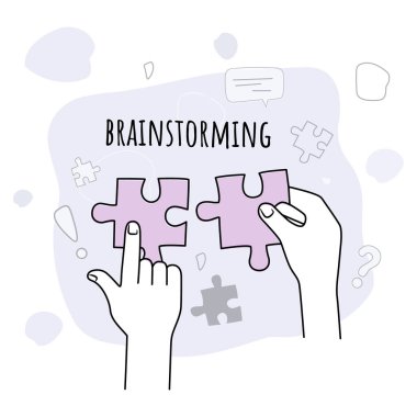 Eller bulmacayı birleştiriyor. Beyin fırtınası. Takım çalışması ve ortak kararlar kavramı. Ofis işi ve iş. Vektör illüstrasyonu