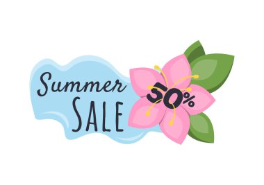 Yaz Satışı. Tropik çiçekli ve indirimli vektör illüstrasyonu. Reklam için parlak görüntü, duyuru, afiş. Vektör illüstrasyonu