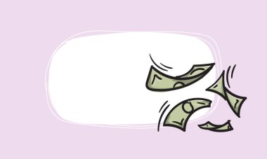 Uçan para ikonu. Etiket, etiket, etiket, etiket için yer alan basit vektör arkaplanı. El çizimi çizimi. İş, finans, satış ve hisse senetleri. Vektör illüstrasyonu