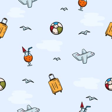 Plaj özellikleri, top, uçak, kokteyl ve bavul ile ambalaj kağıdı için parlak kusursuz desen. Basit vektör arkaplanı. Tatille, seyahatle, denizle ilgili bir resim. Vektör illüstrasyonu