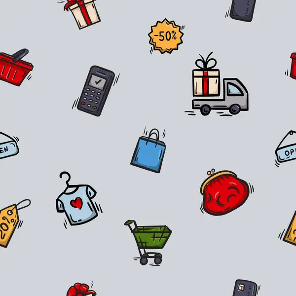 Alışveriş işaretleri ve sembolleriyle basit vektörsüz desen. Kara Cuma, satış, süpermarket. Paket kağıdı, baskı ve tasarım için sonsuz bir arkaplan. Vektör illüstrasyonu